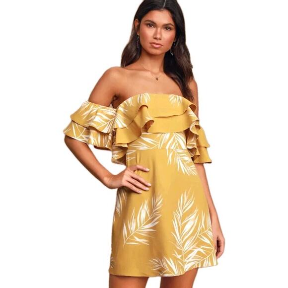 Lulu's Be-Leaf the Hype Off the Shoulder Mini Dress Mustard Party Size M - Picture 1 of 14